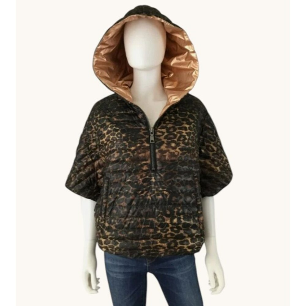 Think Royln Hooded Down Puffer Jacket XS/S Quilted High-Low Leopard Animal Print